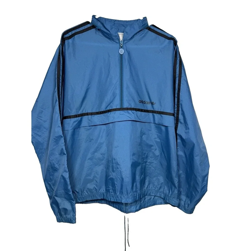 Vintage 80s Adidas Originals Windbreaker Jacket Trefoil M Blue Packable Hooded